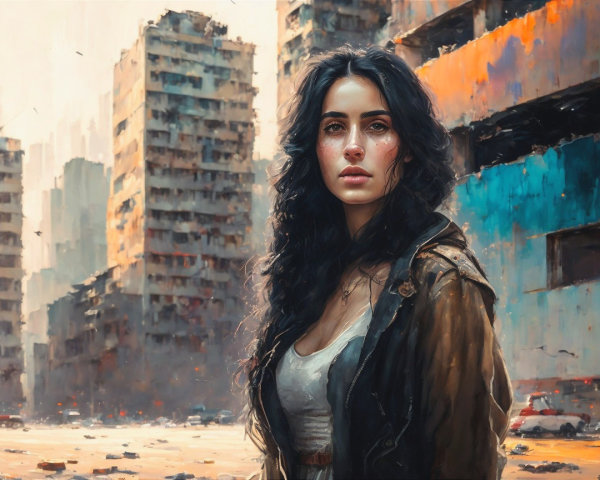 Young woman in resilient pose in urban decay