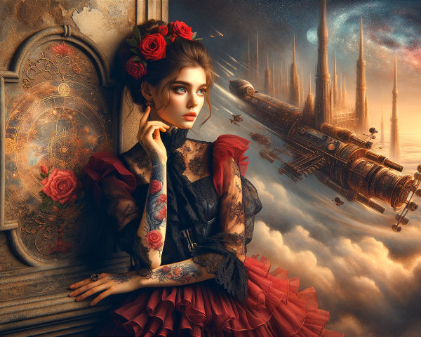 Steampunk Scene with Young Woman in Red Dress