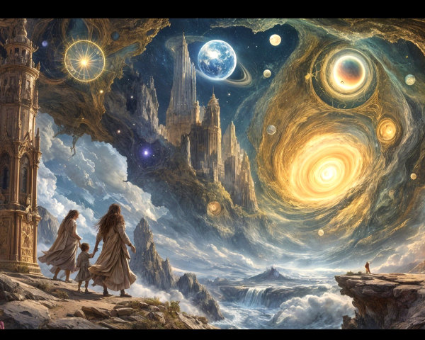 Fantastical Landscape with Castles and Cosmic Elements