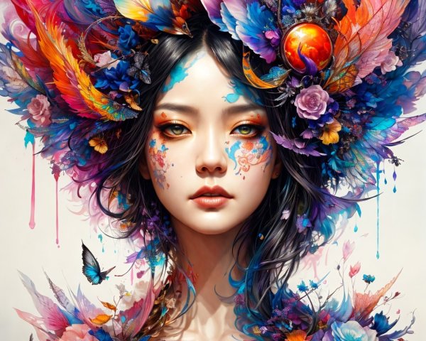 Portrait of a woman with feathers and colorful flowers