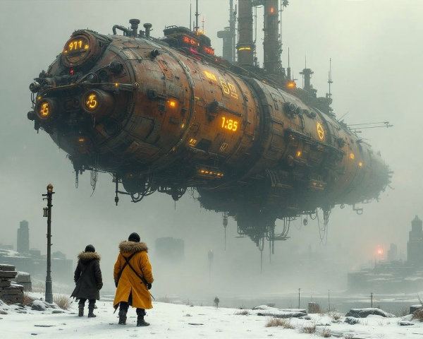 Foggy Landscape with Figures Beneath a Unique Airship
