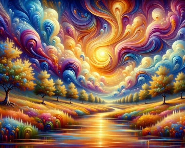 Vibrant Landscape with Colorful Sky and Reflective River