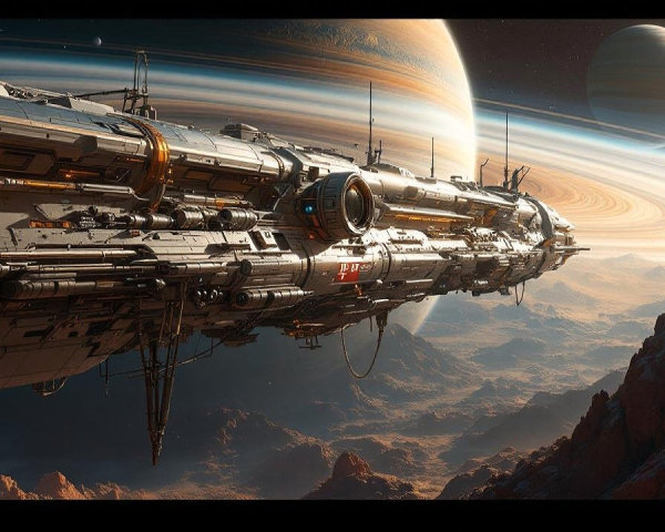 Massive spacecraft near rocky landscape with gas giant