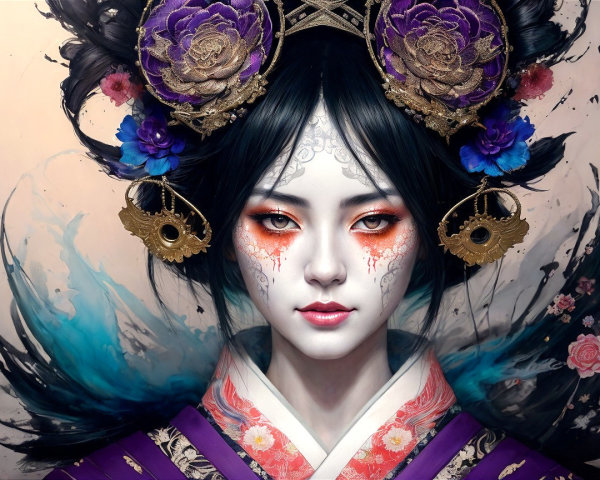 Stunning Woman in Traditional Kimono with Floral Makeup