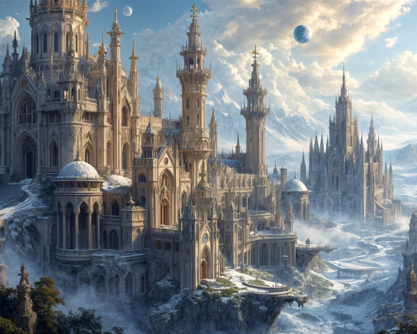 Majestic Fantasy Landscape with Castle and Mountains