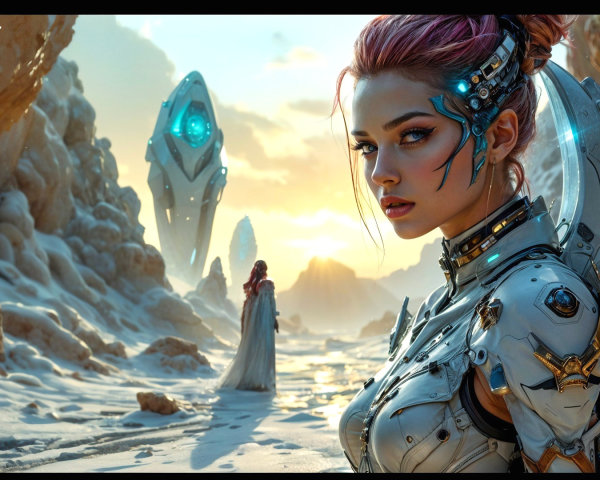 Futuristic landscape with armored figure in snowy terrain