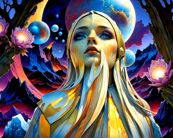 Ethereal figure in golden garment amid cosmic landscape