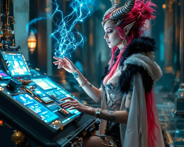 Fantasy figure with pink hair at high-tech control panel