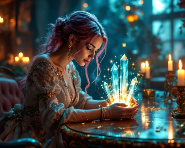 Mystical Scene of Woman with Pink Hair and Crystals