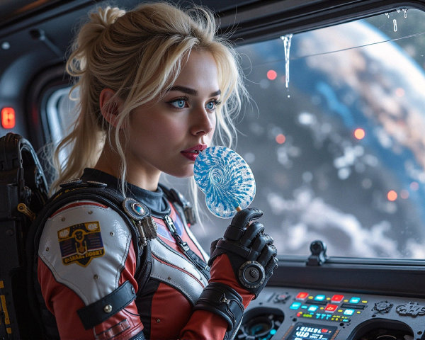 Young Woman in Space Suit Gazing at Earth View