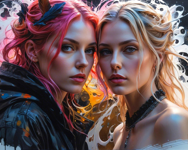 Two women with vibrant hair in an abstract color backdrop