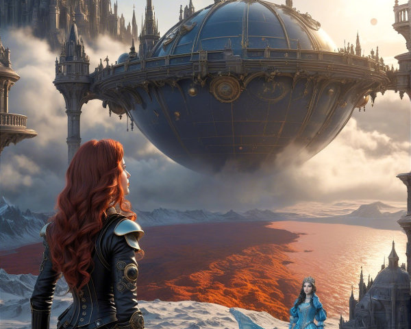 Futuristic Figure in Awe of Floating Structure and City