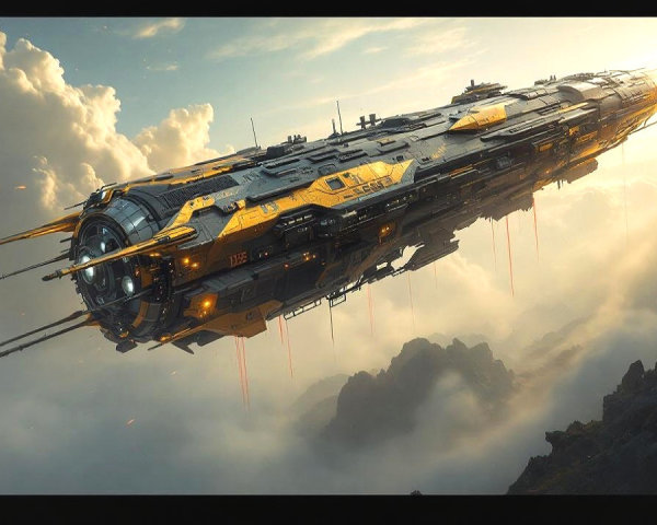 Futuristic spaceship in dramatic sky with mountains
