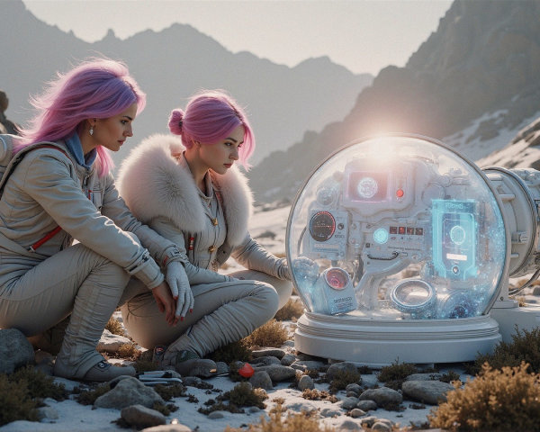 Futuristic Landscape with Women and High-Tech Capsule