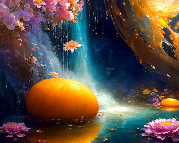 Surreal Landscape with Orange Spheres and Waterfalls