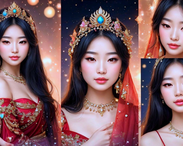 Collage of a Woman in Red with Gold Jewelry and Stars