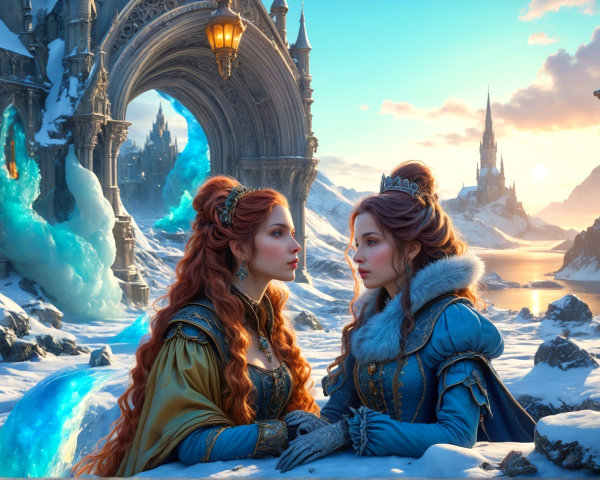 Elegant Women in a Magical Winter Landscape Scene