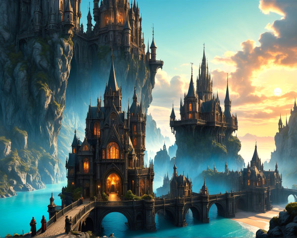 Fantasy Landscape with Castles and Sunset Reflections