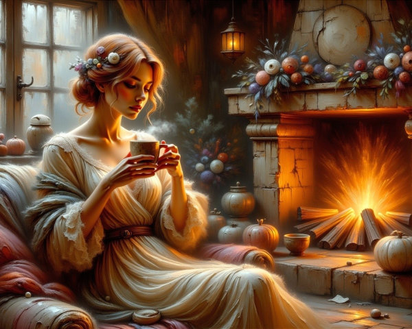 Serene Young Woman in Cozy Autumn Room Setting