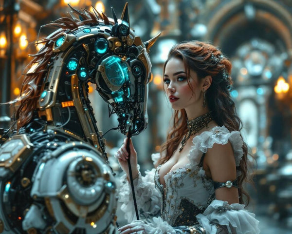 Steampunk Scene with Woman and Robotic Horse
