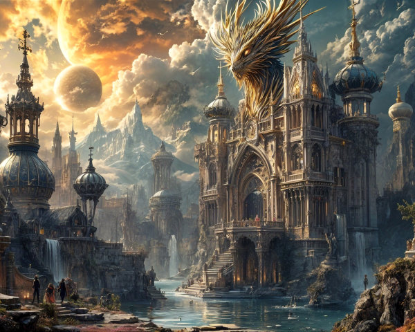 Fantasy Landscape with Ornate Architecture and Sunset