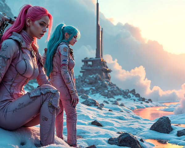 Futuristic Landscape with Young Women in Space Suits