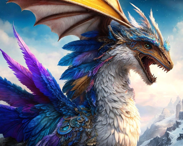 Majestic Dragon with Iridescent Feathers and Mountains