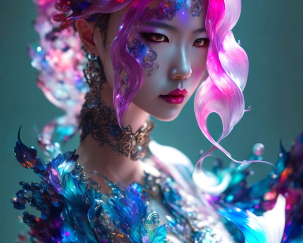 Portrait of a figure with colorful feather headdress