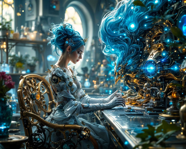 Steampunk Scene with Woman and Robotic Figure