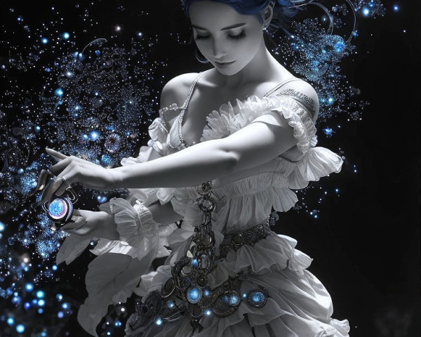 Ethereal figure in ruffled gown with blue orbs