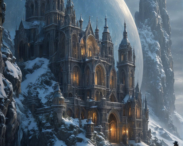 Majestic castle on a snowy landscape with a planet