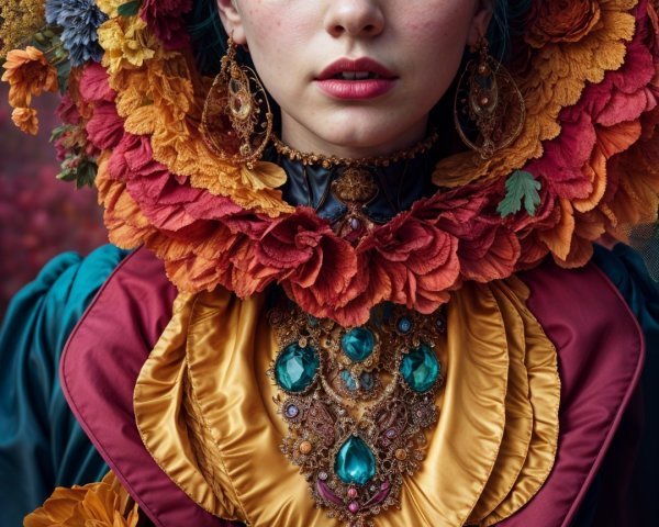 Vibrant Floral Headdress and Regal Portrait Details