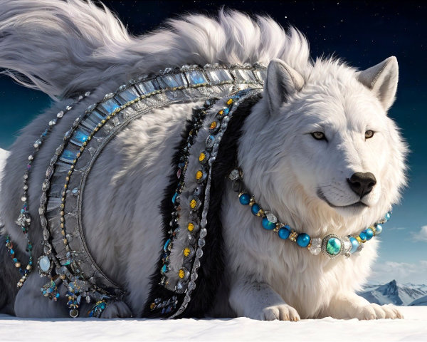 Majestic White Wolf on Snowy Landscape with Jewels