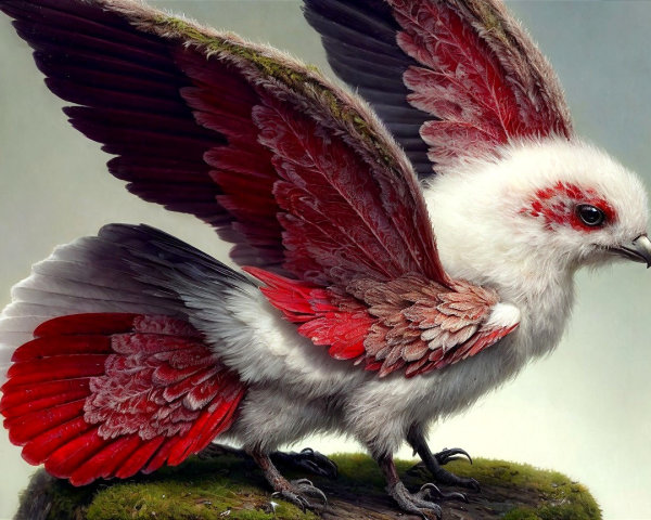 Whimsical Bird-Creature with Red Wings and Patterns