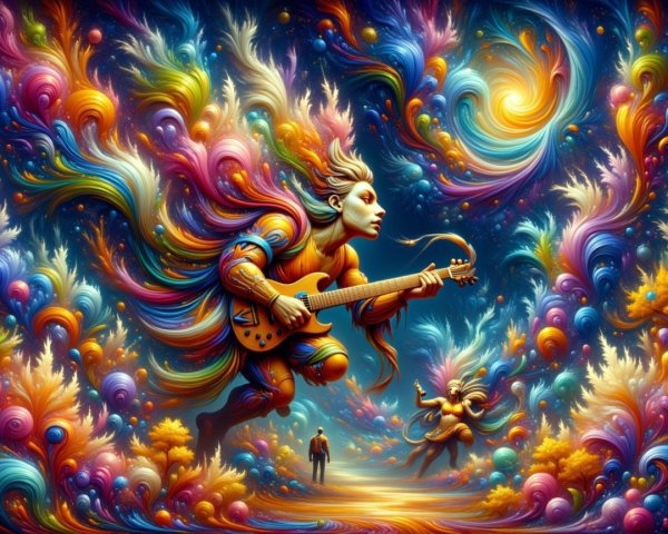 Vibrant Scene of Musician Playing Guitar in Fantasy World