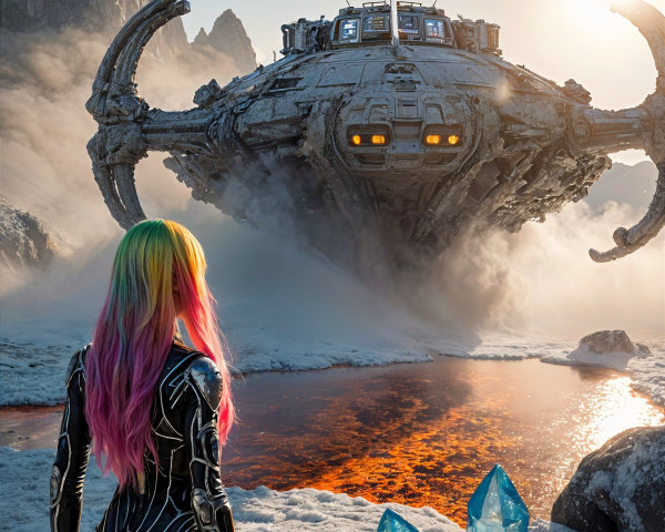 Surreal Landscape with Rainbow-Haired Figure and Spaceship