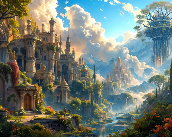 Fantastical Landscape with Castles and Vibrant Nature