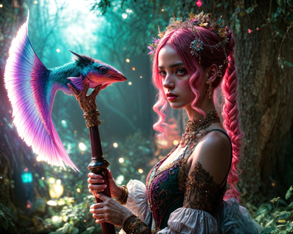 Young woman in ornate gown in mystical forest setting