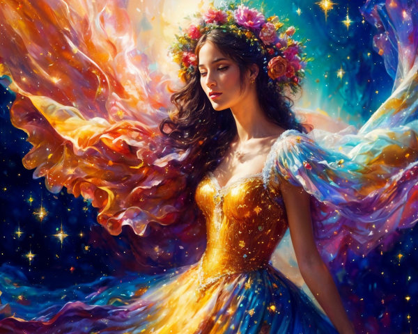 Ethereal Figure in Vibrant Gown Against Starry Background