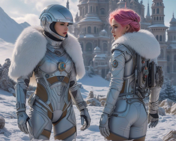 Futuristic female figures in metallic suits in snowy landscape