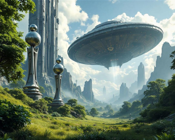 Futuristic landscape with mountains, greenery, and spaceship