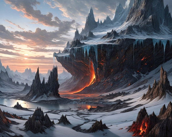 Icy Mountains and Lava Flow at Sunset Landscape