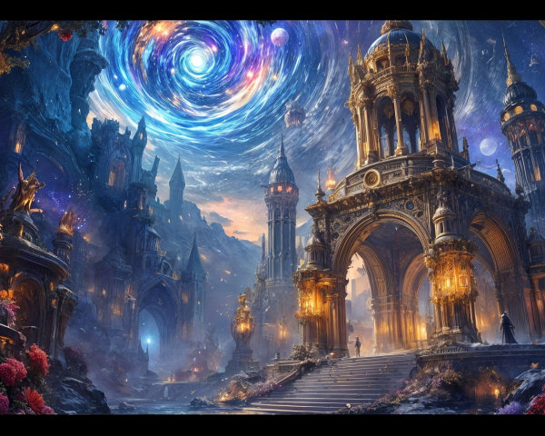 Fantastical Landscape with Majestic Architecture and Lion