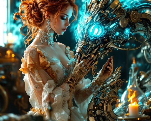 Steampunk Elegance in an Ornate Dimly Lit Room