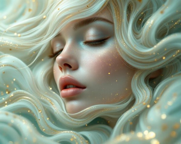 Serene Face with Ethereal Hair and Golden Particles