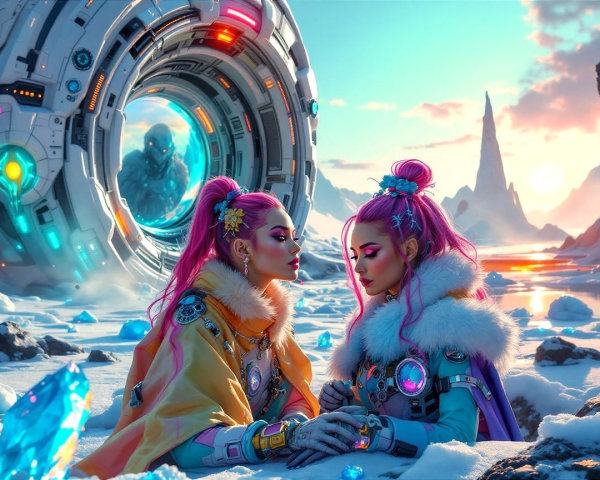 Futuristic Scene with Women in High-Tech Outfits