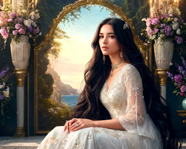 Elegant woman in embroidered gown in lush setting