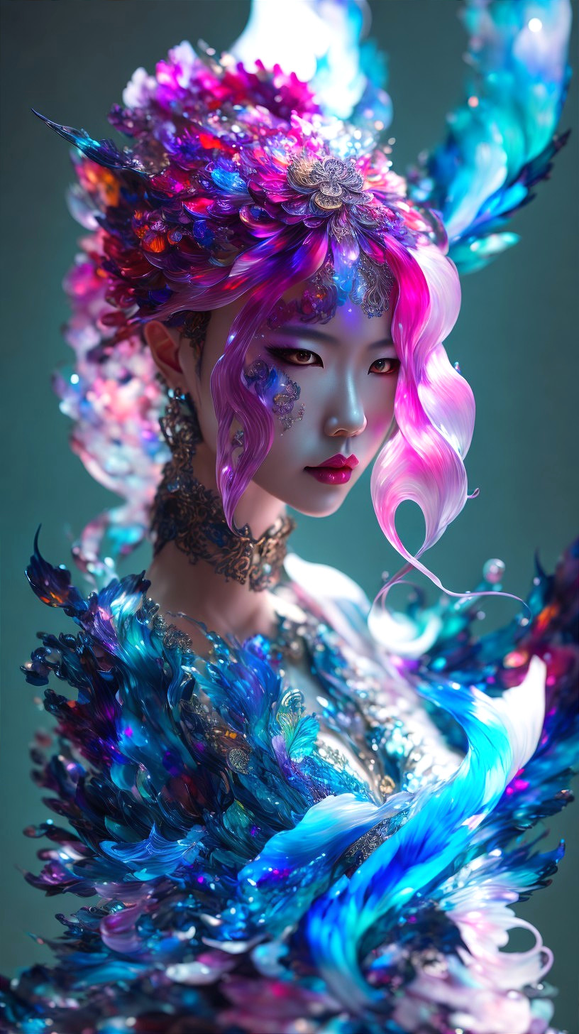 Portrait of a figure with colorful feather headdress