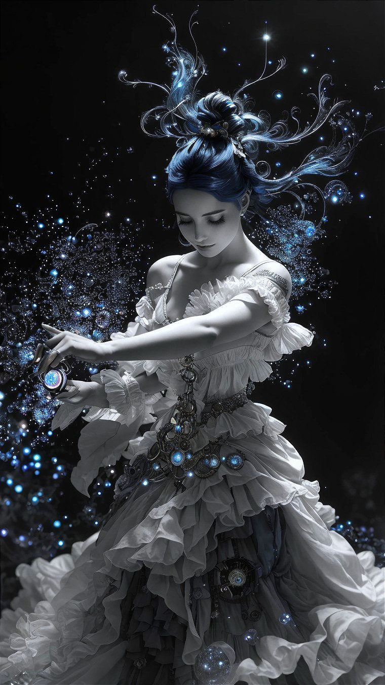 Ethereal figure in ruffled gown with blue orbs