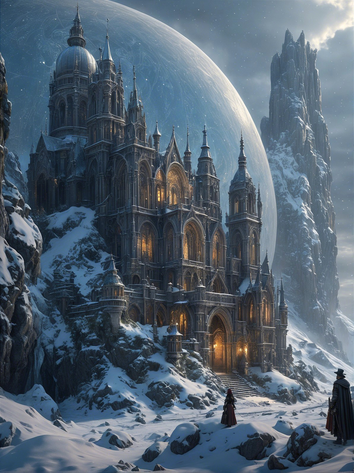 Majestic castle on a snowy landscape with a planet
